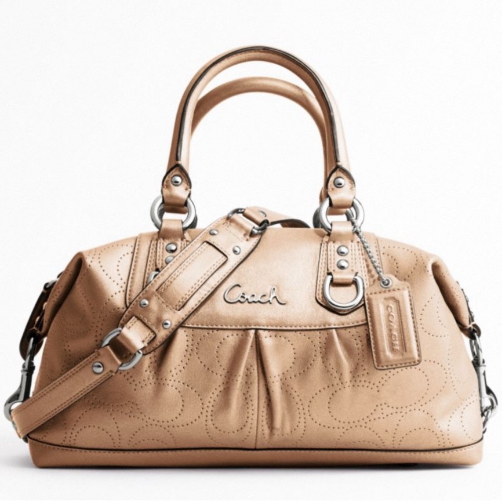 New COACH ASHLEY PERFORATED LEATHER SATCHEL GOLD/SILVER F17130 Below $450 Retail